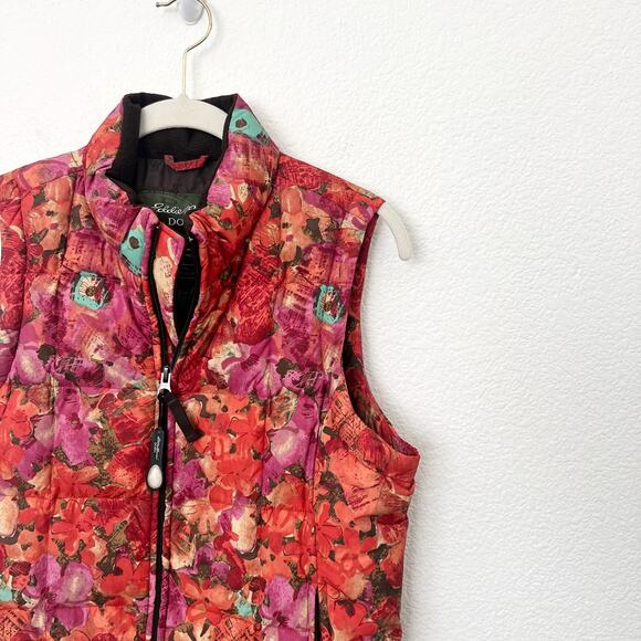 [Eddie Bauer] Pink Orange Floral Print Goose Down Filled Puffer Vest Sz Small S - Picture 4 of 9